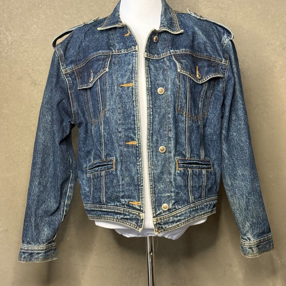 Vintage Helium Acid Wash Denim Jacket Epaulets Trucker Unisex